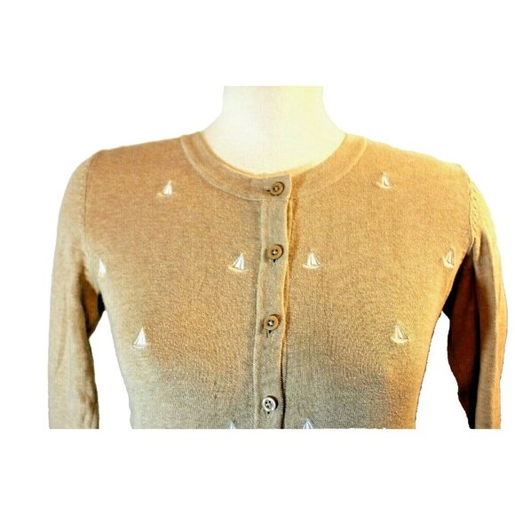 Tommy Hilfiger Sailboats Embroidered Cardigan Womens Small Beige Coastal Minimal - Picture 3 of 8